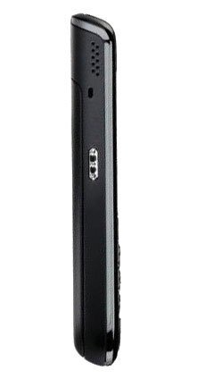 BlackBerry Bold 9650 viewed from the side, showing the black textured back panel and curved edges