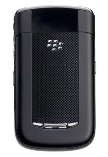 BlackBerry Bold 9650 rear view, showing black textured back panel with centered logo and speaker grille