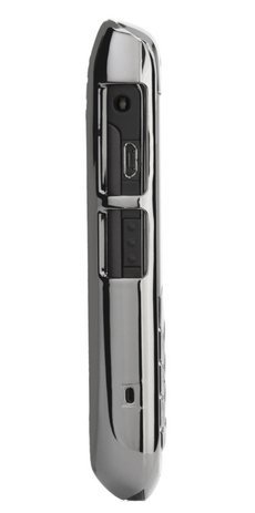 BlackBerry Bold 9700 side view, showing silver and black casing with keyboard and control buttons