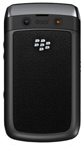 BlackBerry Bold 9700 rear view, showing black textured back panel with camera and flash, white logo, and curved sides