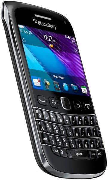 BlackBerry Bold 9790 front view, displaying home screen with colorful widgets and physical QWERTY keyboard below