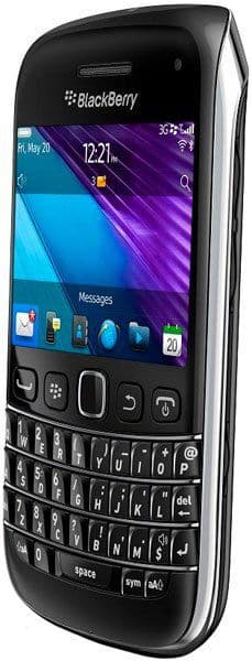 BlackBerry Bold 9790 front view, showing purple-blue home screen display and full QWERTY keyboard