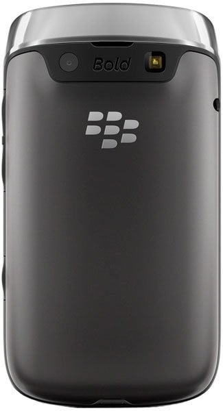 BlackBerry Bold 9790 rear view, showing black body with silver back panel, camera lens, and BBM logo