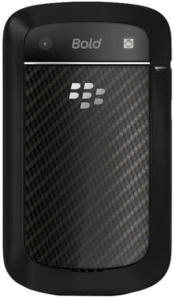 BlackBerry Bold Touch 9930 rear view, showing textured black back panel with BBM logo and camera lens