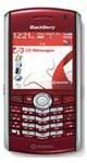 BlackBerry Cranberry Pearl smartphone, front view, displaying red screen with interface elements and navigation wheel