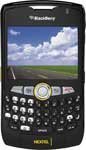 Front view of BlackBerry Curve 8350i showing small screen, landscape display, full QWERTY keyboard, and Nextel branding.