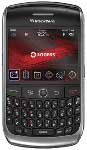 Front view of BlackBerry Curve 8900, small screen, physical QWERTY keyboard, on-screen icons, Vodafone logo visible.