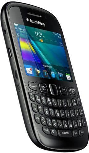 BlackBerry Curve 9220 front view with colored display showing time and app icons above QWERTY keyboard