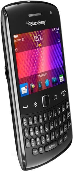 BlackBerry Curve 9360 front view, displaying colorful home screen with QWERTY keyboard below