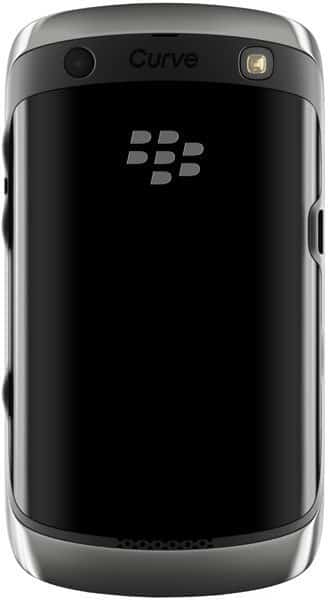 BlackBerry Curve 9360 rear view, showing black back panel with silver logo and camera lens, silver frame and top bezel