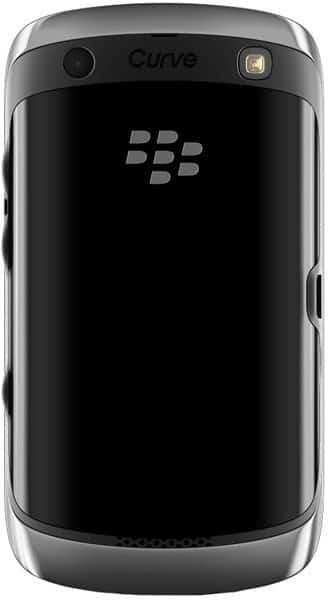BlackBerry Curve 9380 rear view, black phone with silver trim and camera lens visible at top
