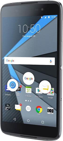 BlackBerry DTEK50 smartphone front view with home screen showing time, Google search bar, and app icons