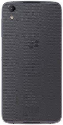 BlackBerry DTEK50 rear view, showing textured dark gray back panel with camera and BlackBerry logo