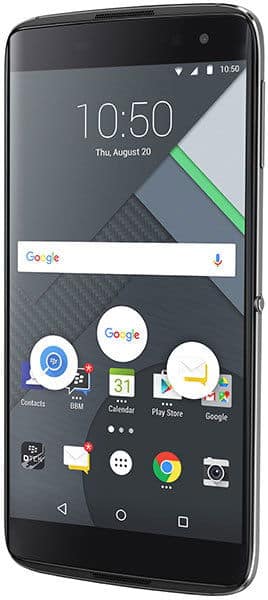 BlackBerry DTEK60 smartphone front view with home screen displaying time 10:50, Google search bar, and app icons including Contacts, Gmail, Play Store, and Chrome
