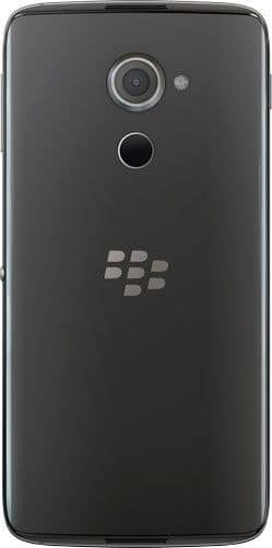 BlackBerry DTEK60 rear view showing camera, fingerprint sensor, and BlackBerry logo on black back panel