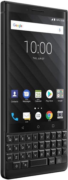 BlackBerry KEY2 front view, showing touchscreen display with time and app icons, and physical QWERTY keyboard below