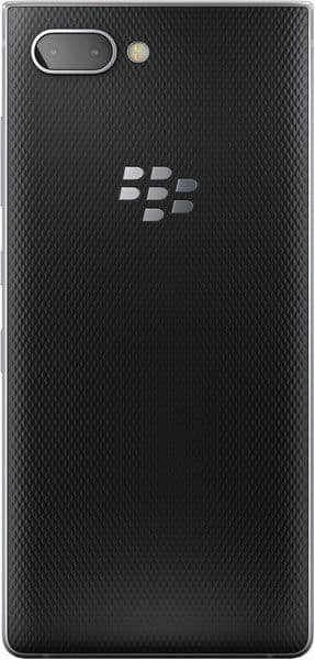 BlackBerry KEY2 rear view, showing textured black back with silver camera and flash, and BlackBerry logo
