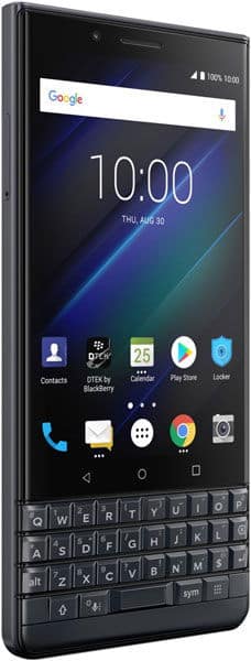 BlackBerry KEY2 LE front view, showing touchscreen display with time 10:00, Google search bar, and physical QWERTY keyboard below