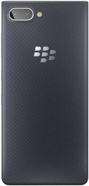 BlackBerry KEY2 LE rear view, showing textured dark back with camera and BlackBerry logo