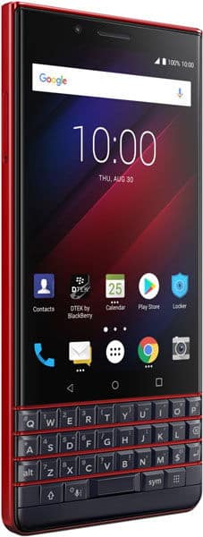 BlackBerry KEY2 LE front view, displaying home screen with Google search bar, time 10:00, and physical QWERTY keyboard below display