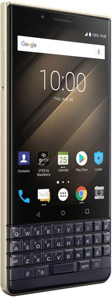 BlackBerry KEY2 LE front view showing home screen with physical keyboard below display