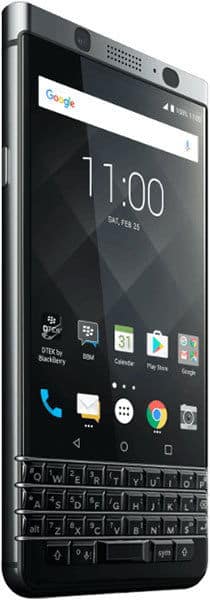 BlackBerry KEYone front view displaying home screen with physical QWERTY keyboard and app icons