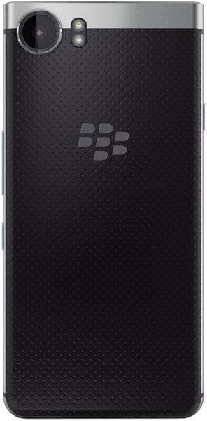BlackBerry KEYone, rear view, showing textured black back with BBM logo and dual-lens camera in silver frame