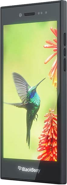 BlackBerry Leap front view displaying hummingbird and red flowers on screen