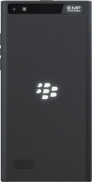 BlackBerry Leap rear view, black textured phone with BlackBerry logo and 8MP camera label
