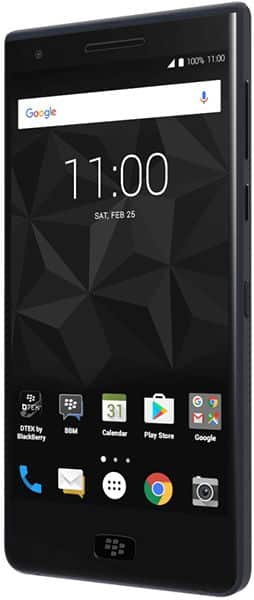 BlackBerry Motion smartphone front view, displaying lock screen with time 11:00 and various app icons at bottom