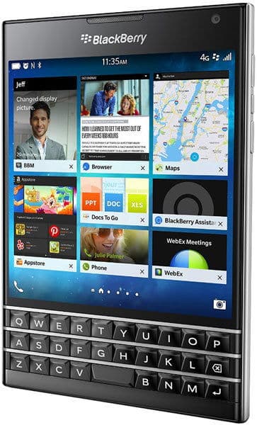 BlackBerry Passport smartphone shown from front, displaying home screen with multiple app tiles and physical QWERTY keyboard below touchscreen