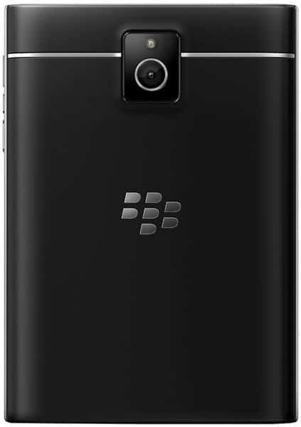 BlackBerry Passport rear view, showing camera and BlackBerry logo on black back panel