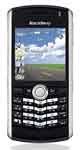 BlackBerry Pearl 8100 phone, front view, with black casing and screen displaying cloudy sky landscape
