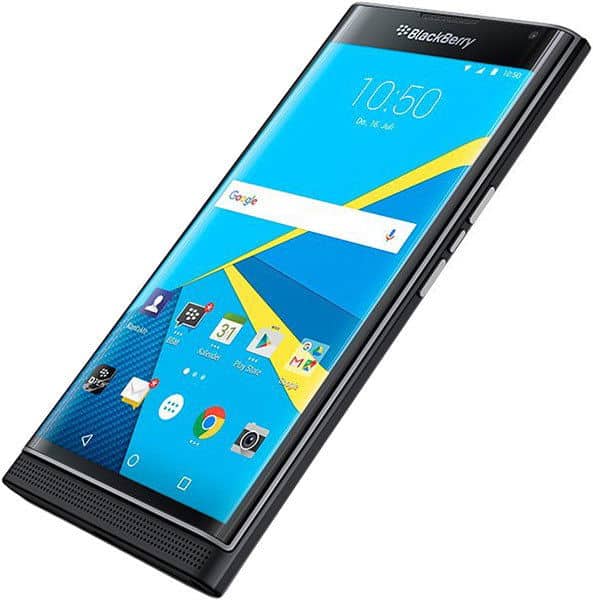 BlackBerry Priv front view, displaying blue Android home screen with time 10:50, Google search bar, and app icons including Chrome and Camera
