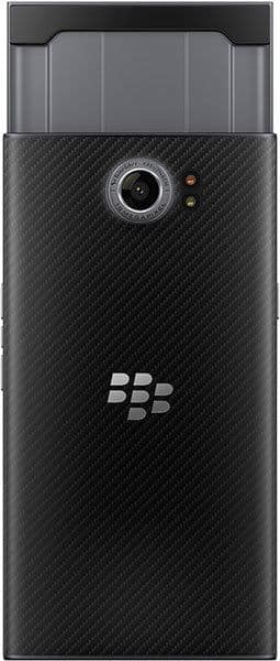 BlackBerry Priv rear view, showing black carbon fiber back with camera and logo, sliding keyboard partially visible at top