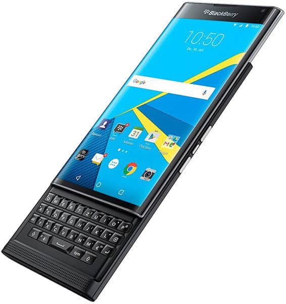 BlackBerry Priv front view, showing blue Android home screen above a physical QWERTY keyboard