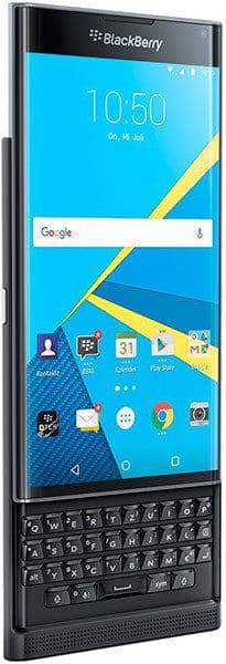 BlackBerry Priv smartphone displayed at an angle, showing its slide-out QWERTY keyboard below a touchscreen displaying the home screen with Google search bar and app icons