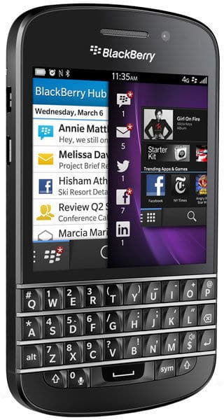 BlackBerry Q10 front view showing home screen with notifications, physical QWERTY keyboard below display