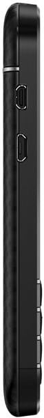 BlackBerry Q10 smartphone shown from the side, displaying its slim black profile with physical buttons along the edge