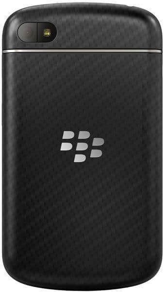 BlackBerry Q10 rear view, showing black textured back with silver logo and camera in upper left corner