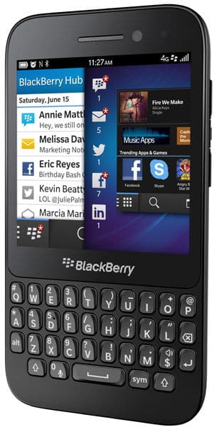 BlackBerry Q5 smartphone, front view, displaying home screen with messaging apps and contacts list, physical QWERTY keyboard below screen