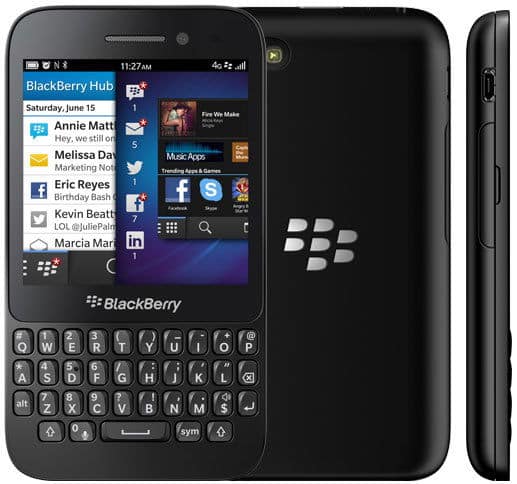 BlackBerry Q5 smartphone shown from front, side, and rear angles, displaying home screen with apps and QWERTY keyboard