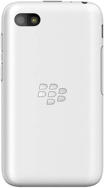 BlackBerry Q5 rear view, white, showing camera and BBM logo on back