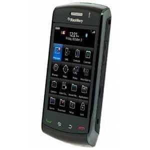 BlackBerry Storm2 9550 front view, black touchscreen smartphone with grid of application icons displayed on screen