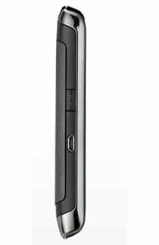 BlackBerry Storm2 9550 smartphone, side view, showing dark gray body with physical buttons along the edge