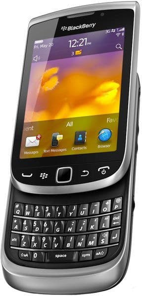 BlackBerry Torch 2 front view, displaying home screen with yellow and orange wallpaper, touchscreen display, and slide-out QWERTY keyboard