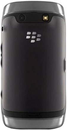 BlackBerry Torch 2 rear view, showing black body with BlackBerry logo, camera, and flash