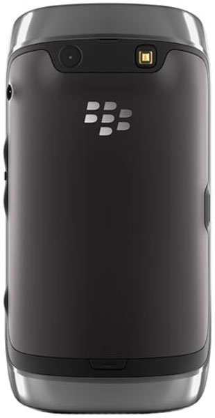 BlackBerry Torch 9860 rear view, black phone with silver accents and camera lens visible