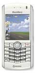 BlackBerry White Pearl phone, front view, showing silver and white casing with screen displaying landscape image