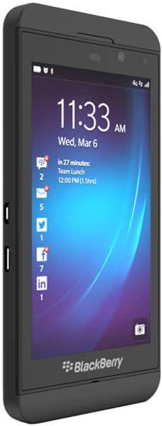 BlackBerry Z10 at three-quarter angle, home screen on display showing 11:33 AM, March 6, and app notifications.